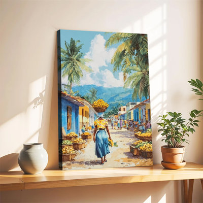 Tableau à l'huile représentant un marché tropical des Caraïbes, grand format, sur toile tendue sur châssis, idéal pour le salon ou la chambre.