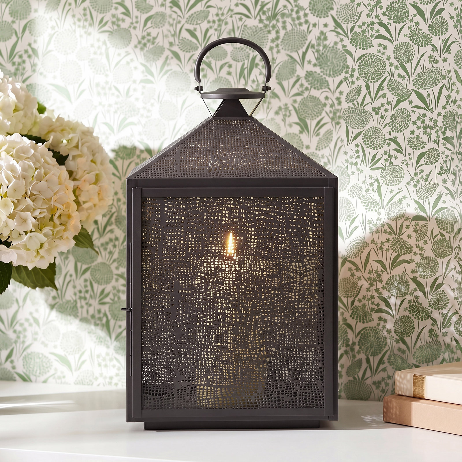 Roshni Iron Lantern Candle Holder, 20" H x 11.75" W x 6.5" D