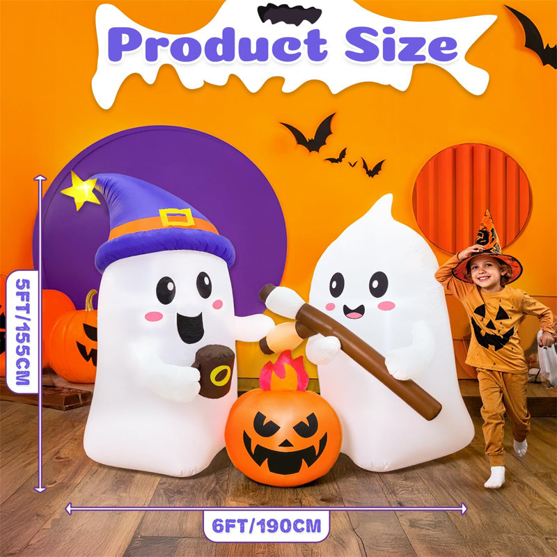 Halloween Inflatable Ghosts With Pumpkin Fire, Blow Up Lighted Outdoor Halloween Decoration With LED Lights