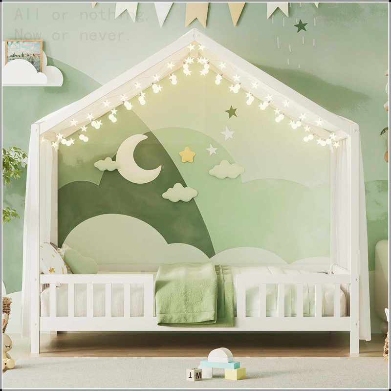Lit simple au sol avec auvent et structure en forme de maison Montessori, Lit simple, Blanc