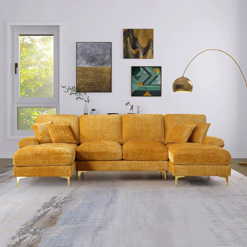 Allan 114"W Chenille U Shape Tufted Sectional, Yellow Chenille