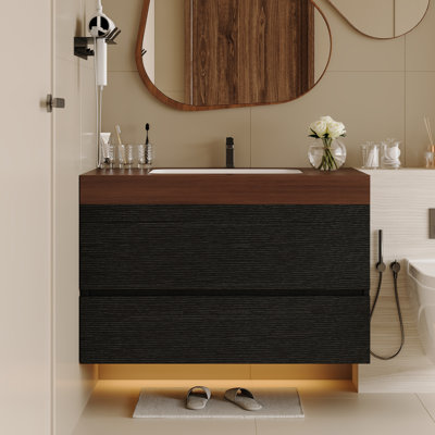 Meuble-lavabo moderne flottant avec comptoir en faux marbre et lavabo encastré en céramique