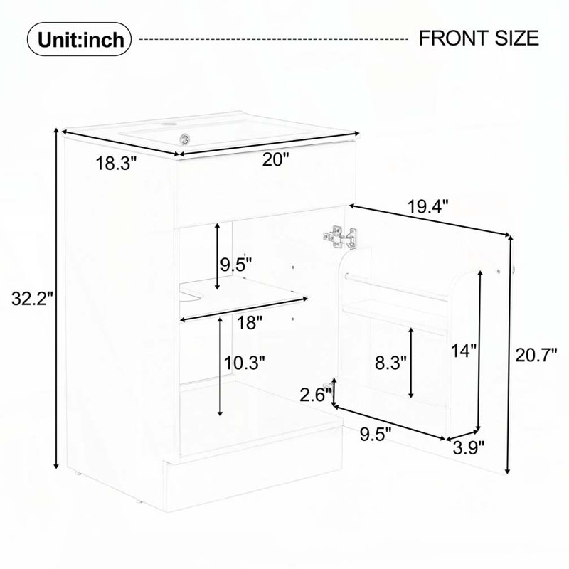 20" Bathroom Vanity with Ceramic Sink,Adjustable Shelf, White