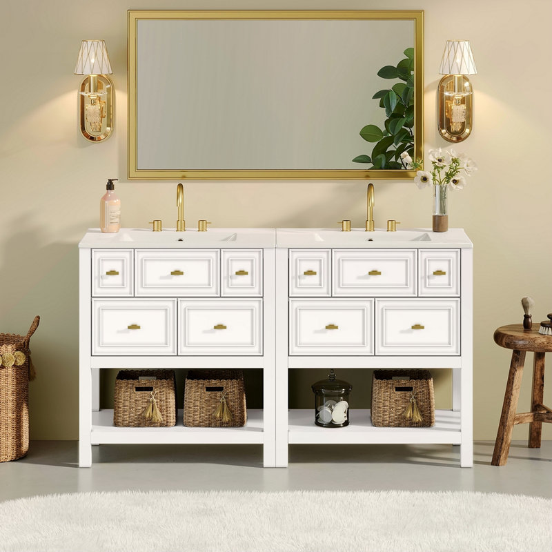 Ensemble de meuble-lavabo simple 60 po avec 5 tiroirs, ensemble de meuble-lavabo sur pied 60 po avec cadre en bois massif
