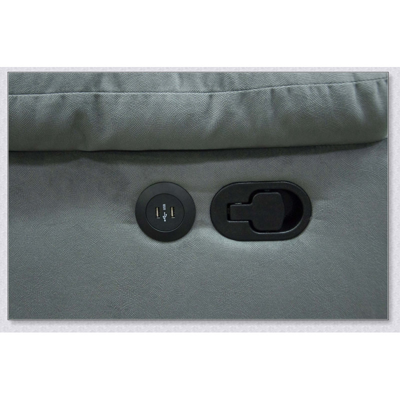 Canapé manuel deux places avec accoudoirs rembourrés, dossier moelleux, capitonnage horizontal, port USB et finition gris foncé pour salons modernes