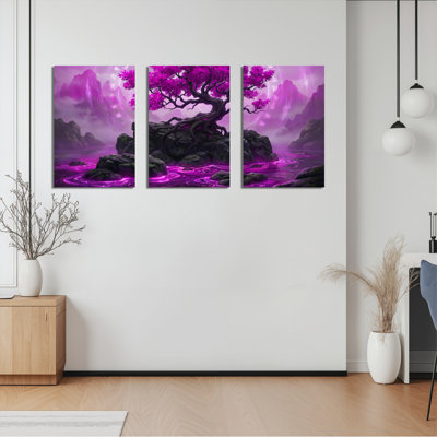 Mauve cerisier en fleurs arbre paysage fantastique sur toile tendue, ensemble de 3 reproductions de peintures à l'huile pour salon chambre à coucher