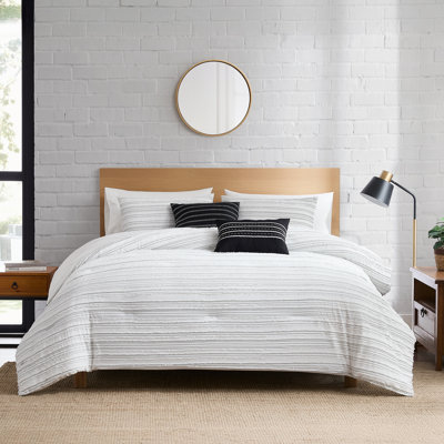 Modern Threads Dixie 5-Piece Jacquard Comforter Set with Shams and Decorative Pillows in Bright White with Graphite Stripes