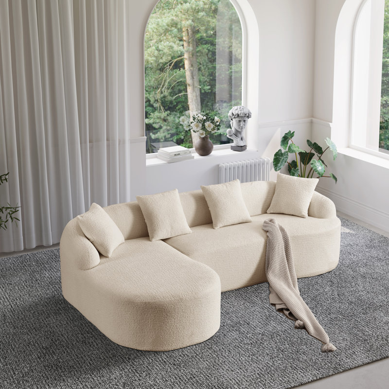 2-piece Boneless L-shaped Sectional Sofa With Curved Design And Left-facing Chaise, Beige Chenille