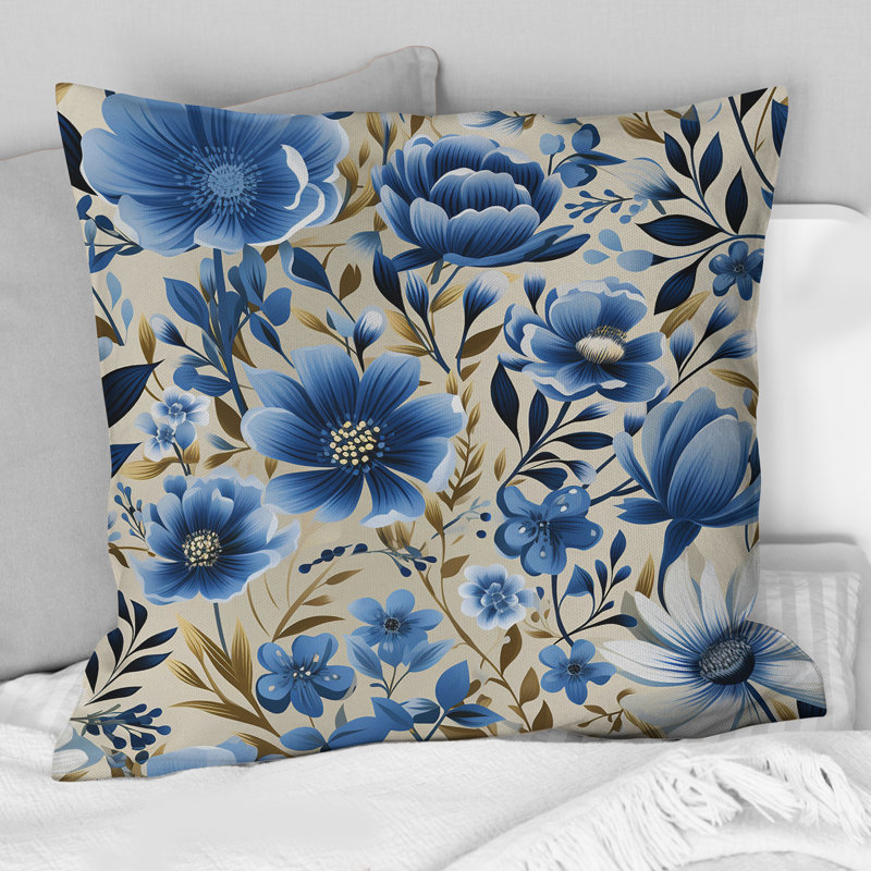Motif floral scandinave bleu - Coussin décoratif imprimé floral, H 18 po x l 18 po