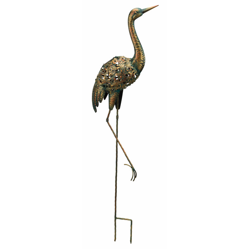 Distressed Copper Solar Powered Metal Crane Garden Stake