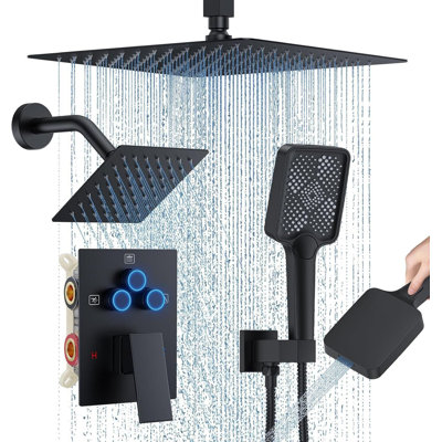 Matte Black Shower Faucet Set 10" Ceiling Mount Rainfall Shower System with 10'' Top Head+6'' Side Head  Handheld Head Push Button Diverter Shower Faucet