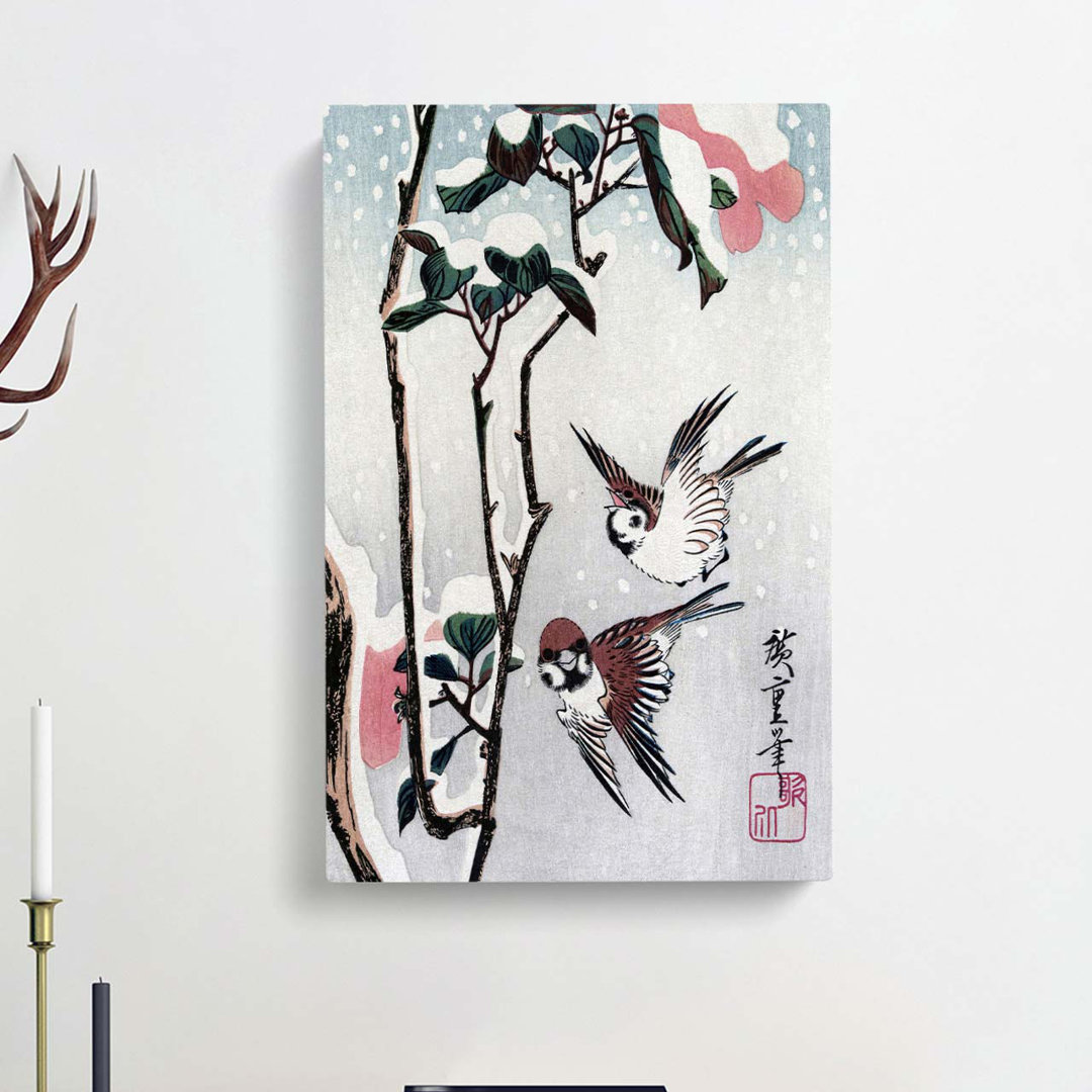 Sparrows And Camellias by Utagawa Hiroshige - Wrapped Canvas
