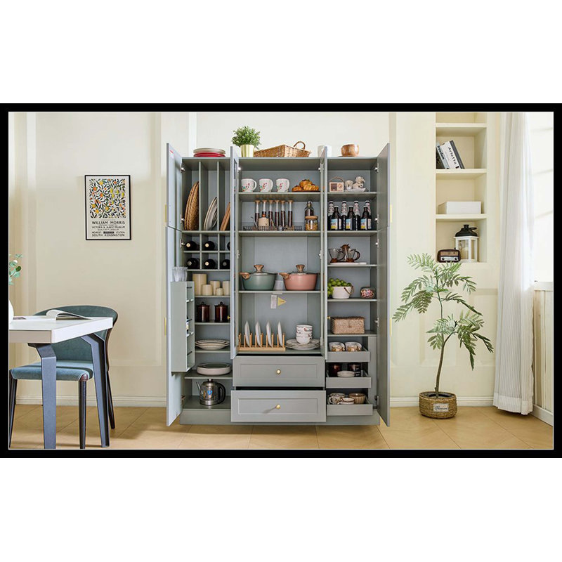 [Vidéo d'assemblage disponible] Grand garde-manger moderne avec 6 portes, armoire de rangement de 53,2 po x l 17,7 po avec tiroirs, tablettes réglables, plateaux coulissants et support à vin pour la salle à manger, vert