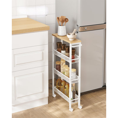 Slim Rolling Cart, 4-Tier Storage Cart, Narrow Cart With Handle, 5.1 Inches Deep, Metal Frame, For Kitchen, Dining Room, Living Room, Home Office, Oak by Ebern Designs