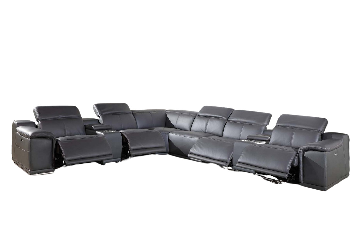 Gray Italian Leather Power Reclining U Shaped Eight Piece Corner Sectional With Console Gray Italian Leather Power Reclining U Shaped Eight Piece Corner Sectional With Console