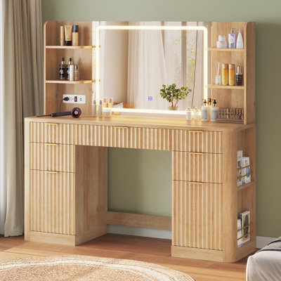 Fluted Makeup Vanity Desk With Large Mirror And Lights, Vanity With Power Strip, 6 Open Shelves, 2 Cabinets,5 Drawer, Modern Dressing Table For Bedroo by Ivy Bronx