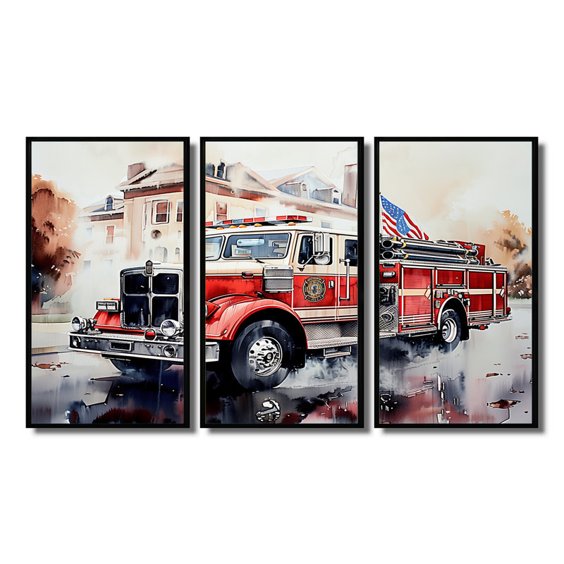 Camion de pompier dans les Hamptons III - ensemble de salon d'art pompier mural, H 28 po x l 36 po x P 1 po