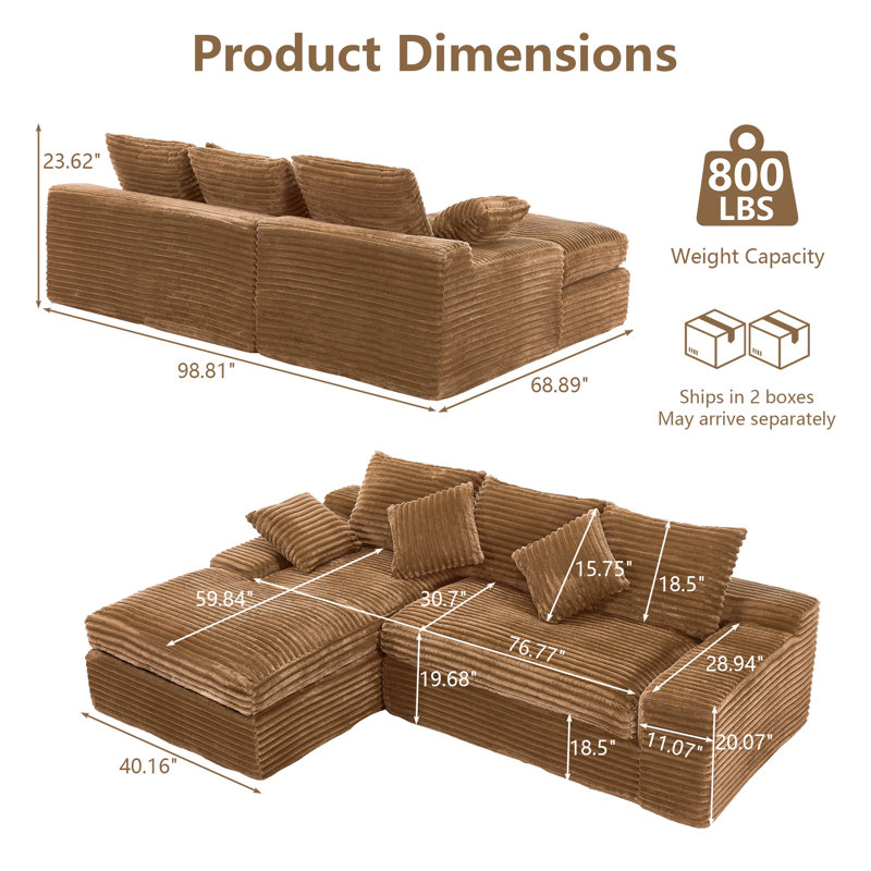Ensemble de canapé modulaire en forme de L Boneless, 2 pièces sans combinaison ni installation, Brun