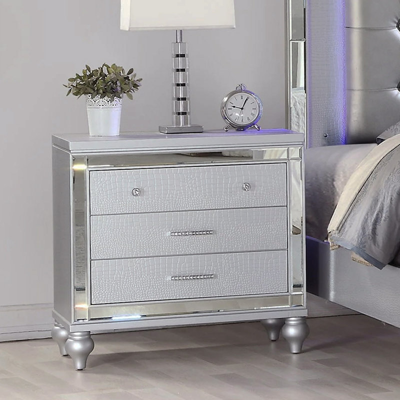2 Drawers Wooden Nightstand With Built-In Wireless Charging In Silver
