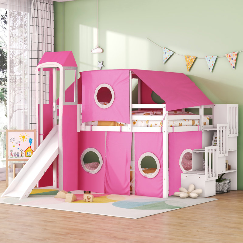 Lit mezzanine double avec tente et tour - Rose, Lit double