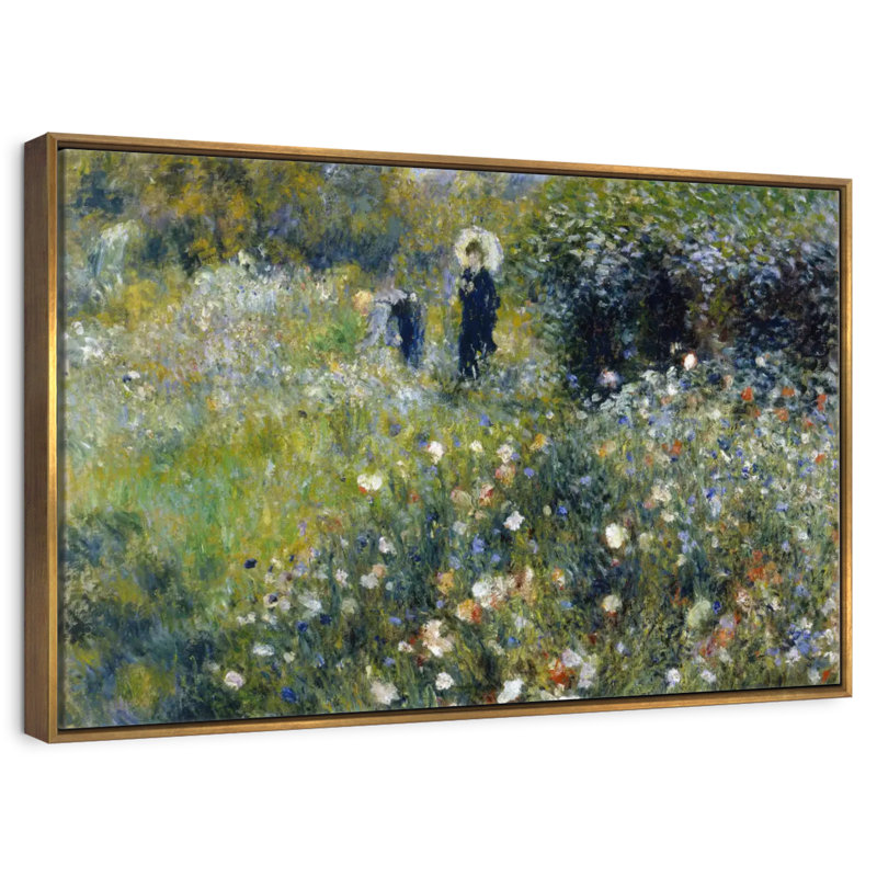 Femme avec un parasol dans un jardin, 37 po x 25 po, Cadre flottant doré