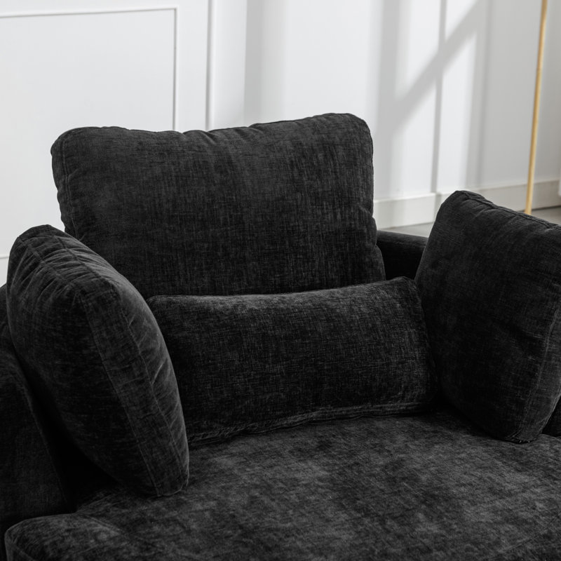 Kenmari 42.3" W Slipcovered Swivel Barrel Chair and Ottoman, Black Chenille