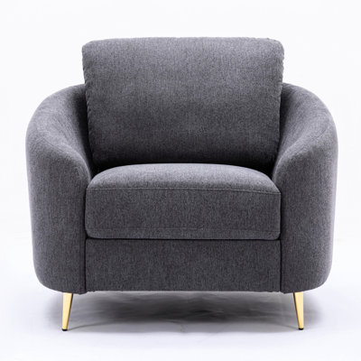 Fauteuil à dossier large gris, arrondi, revêtement en lin doux, pieds en métal doré, intérieur en bois de pin massif, siège d'appoint contemporain gris, incliné et lin, structure, solution