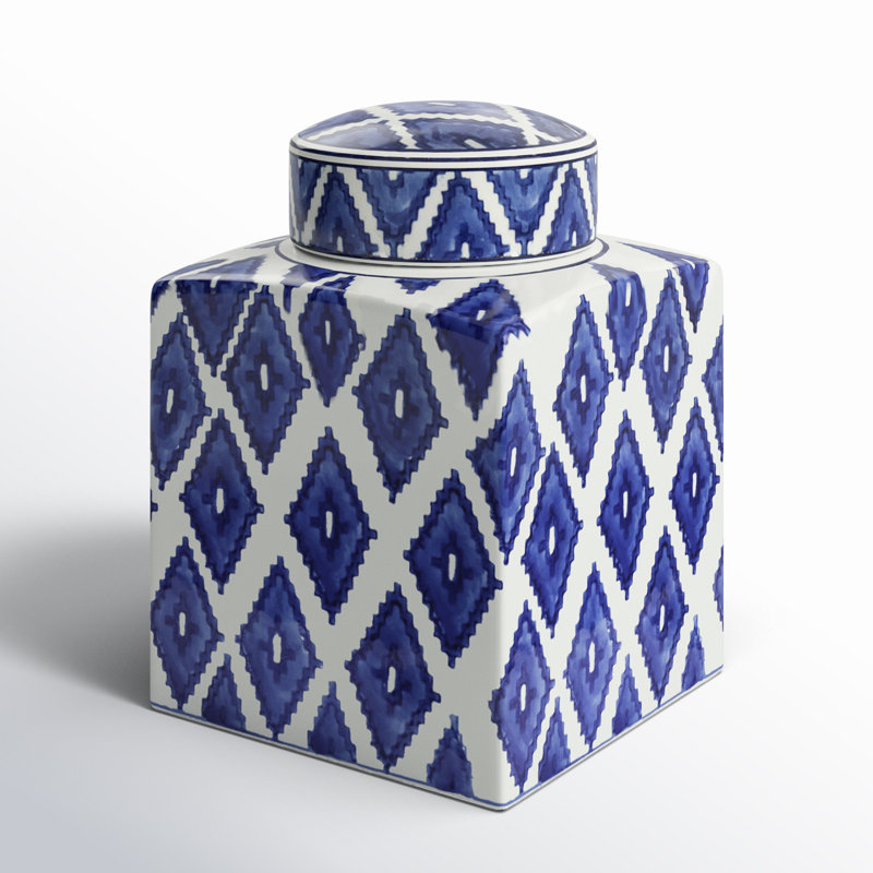 Blue and White Ceramic Diamond Pattern Ginger Jar with Lid