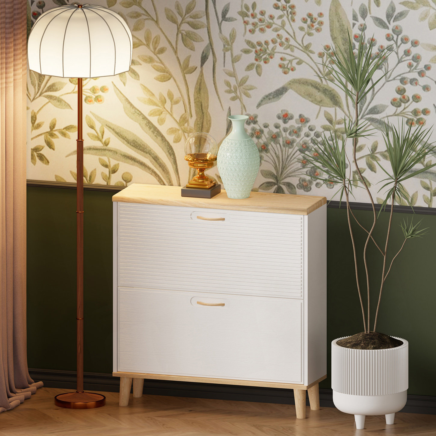 Meuble à Chaussures Bohème Rainuré Gris 2 Tiroirs En Rotin | Maisons Du Monde