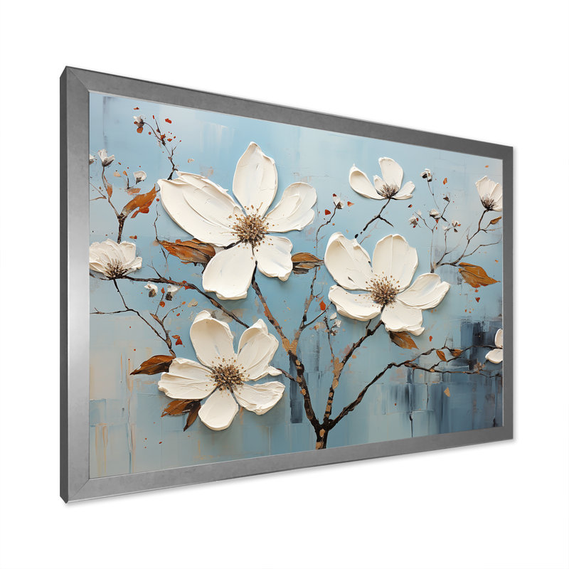 Cornouiller blanc qui fleurit tranquillité IV sur toile, Cadre de coin argenté fermé, H 16 po x l 32 po x P 1 po