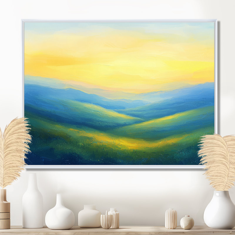 «Rolling Hills At Dawn IV», campagne, H 12 po x l 20 po, Avec cadre, Blanc