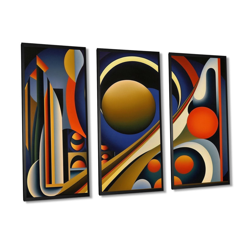 Circular Retro Dynamics III - 3 pièces sur toile, Toile encadrée noire, H 28 po x l 36 po x P 1 po