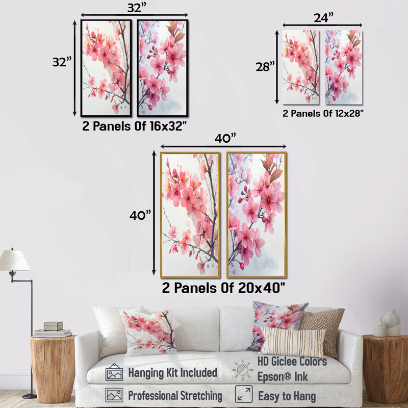 «Pink Cherry Blossoms Summer Embrace I», art mural floral 2 panneaux, H 40 po x l 41 po, Toile tendue