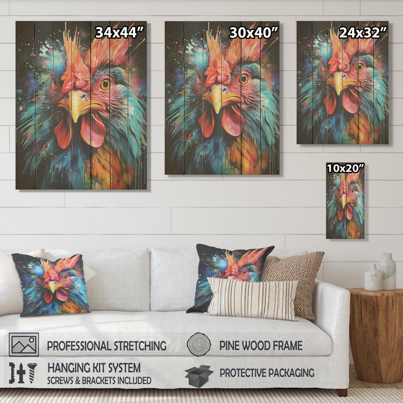 «Blue Red Rooster Chorus Portrait II - Coq» sur bois, H 20 po x l 10 po