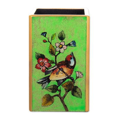 Handmade Spring Prairies Reverse-Painted Wood Pen Holder
