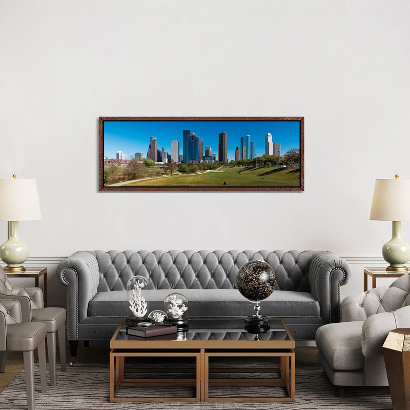 Cityscape Illuminated At Sunset, Houston, Texas 1 Piece Floater Frame Panoramic Wall Art on Canvas, 152.4 cm H x 50.8 cm W