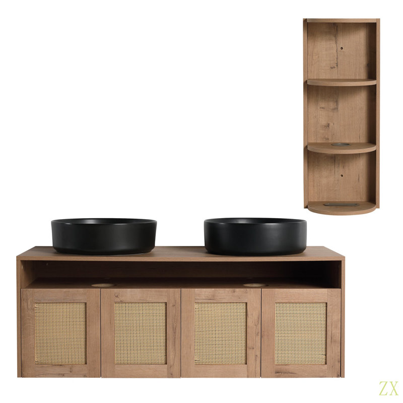 Meuble-lavabo 48 po avec 2 lavabos en céramique et support de rangement, 4 portes à fermeture en douceur, montage flottant, contreplaqué (emballage KD)