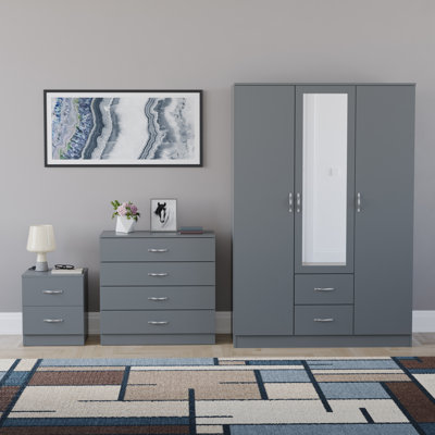 Maybery 3 Piece Bedroom Set (2 Drawer Bedside Chest, 4 Drawer Chest, 3 Door 2 Drawer Mirrored Wardrobe), (5)