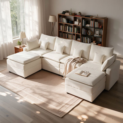Canapé modulaire en forme de U de 132 po de large Chenille de 132 po, 6 places avec 2 repose-pieds et 6 coussins décoratifs, beige