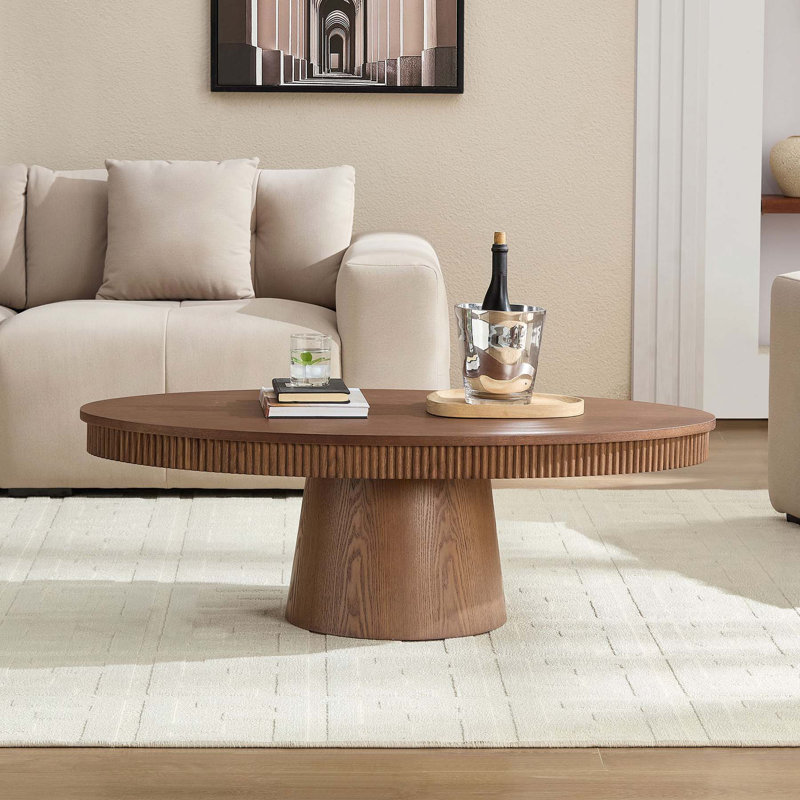 Table basse ovale moderne fabriquée à la main avec base piédestal robuste pour le salon, finition noyer, Noyer