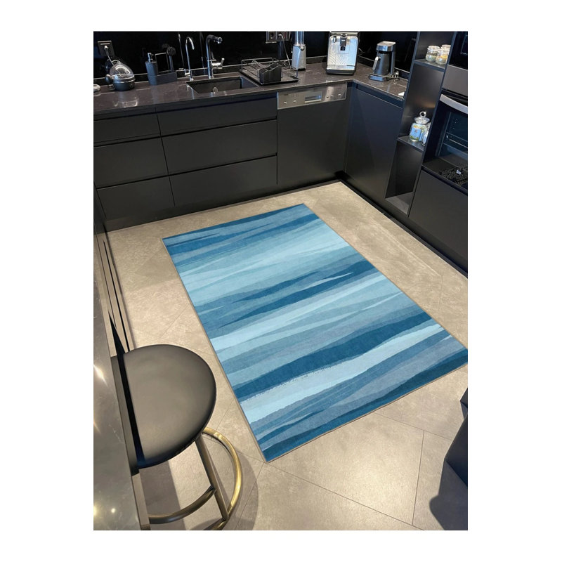 Deep Blue Striped Patterned Washable Decorative Carpet, Rectangle 3'4" x 5'