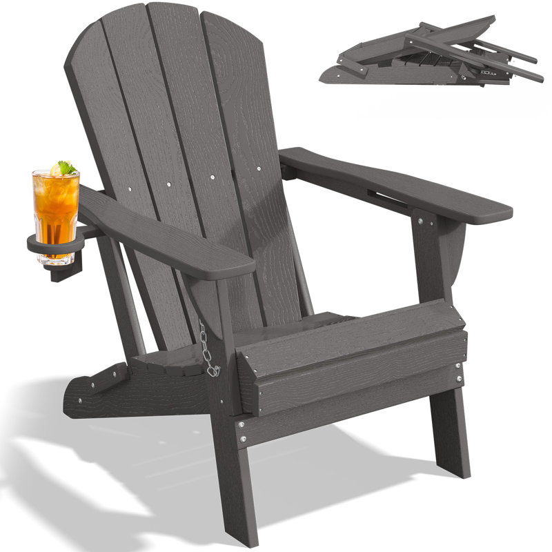 Chaise Adirondack pliable toutes saisons avec porte-gobelet , Gris, Ensemble de 1