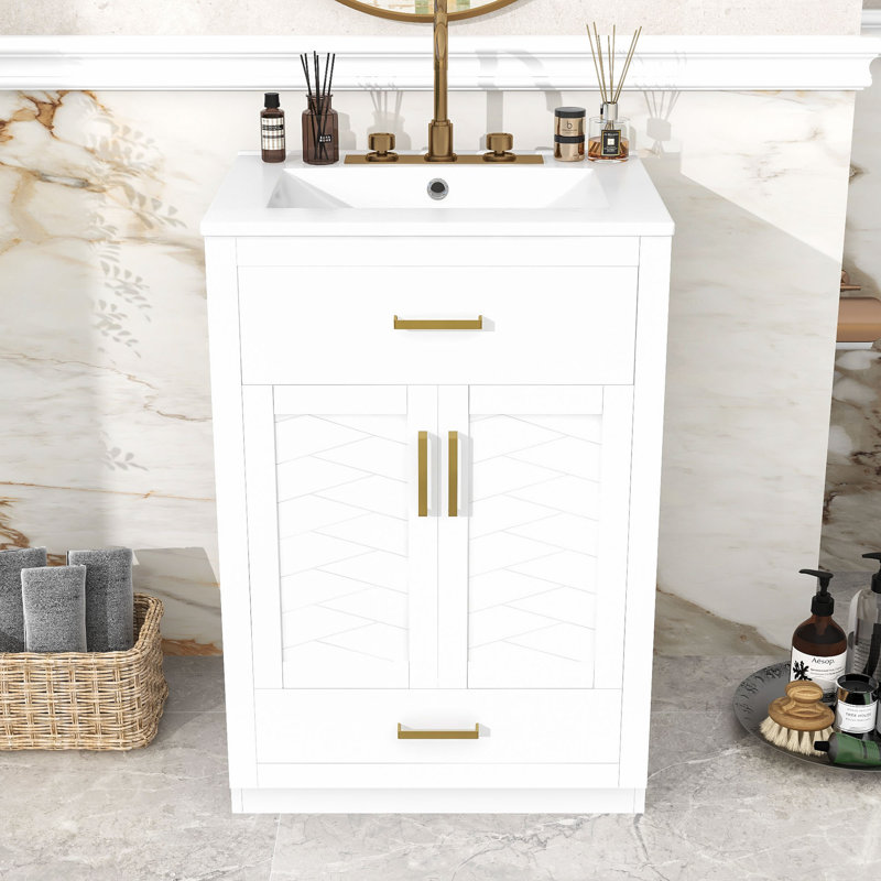 Meuble-lavabo de salle de bain avec lavabo en céramique intégré, armoire à 2 portes, tiroir basculant et tiroir de rangement