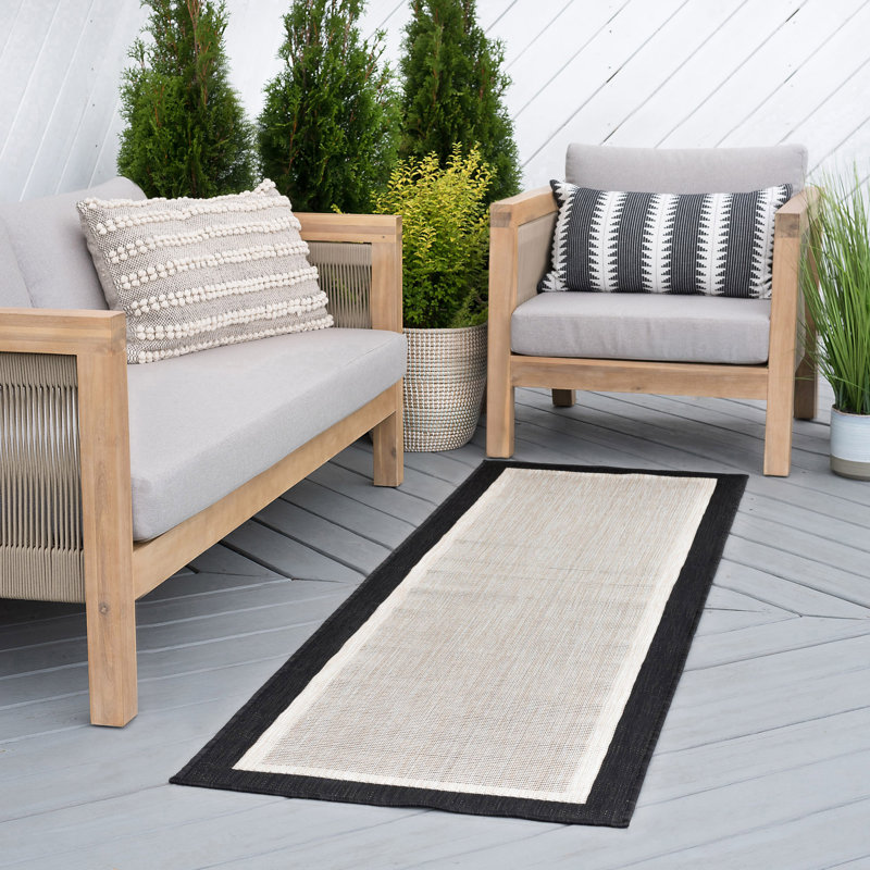 Tapis intérieur / extérieur noir / crème Kasuri, Tapis de couloir 2 pi 8 po x 9 pi 10 po