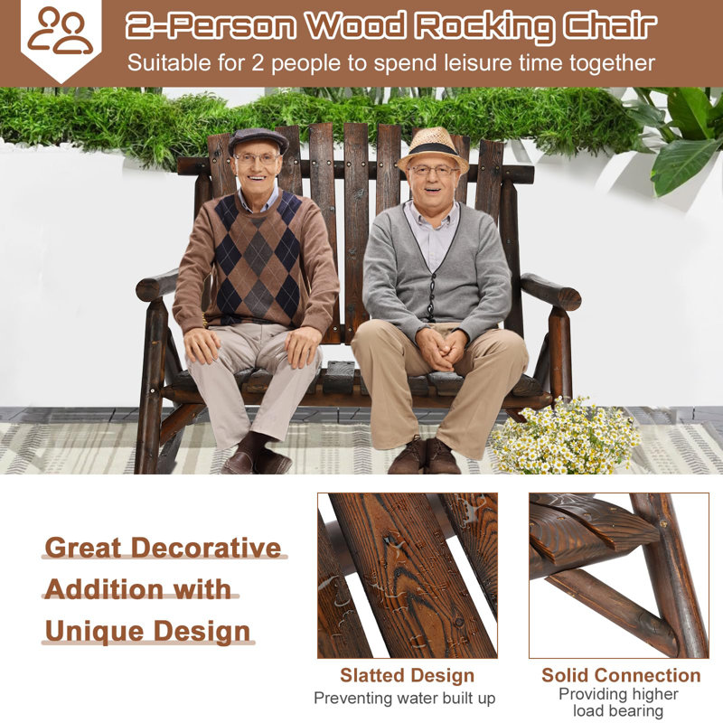 Rustic Carbonized Wood 2-Person Outdoor Rocking Bench