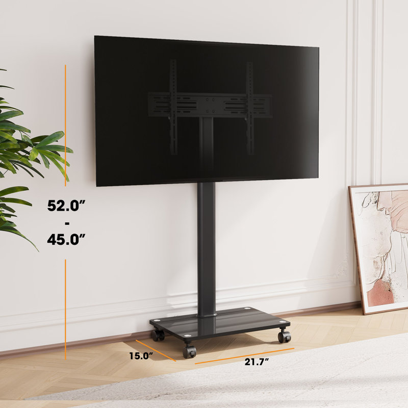 Rolling TV Floor Stand with  Wheels For 32-60 Inch TV Screen,with Black Tempered Glass Base,Height Adjustable,Holds 66 Lbs