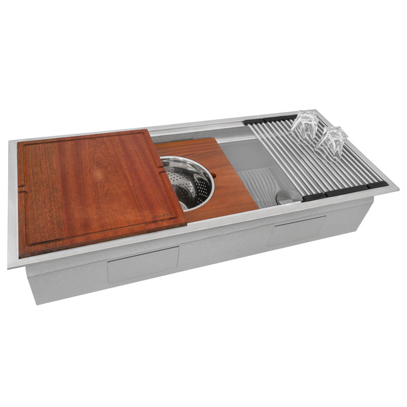 Ruvati Workstation Two-Tiered Ledge Kitchen Sink Drop-in Topmount 16 Gauge Stainless Steel, 10" H x 19" W x 45" L