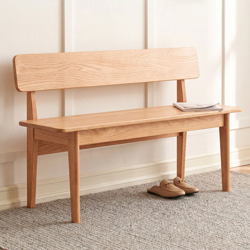 Solid Oak Wood Bench with Backrest, Natural Oak Finish, Comfortable Seat, Non-Slip Foot Pads for Dining Room, Entryway