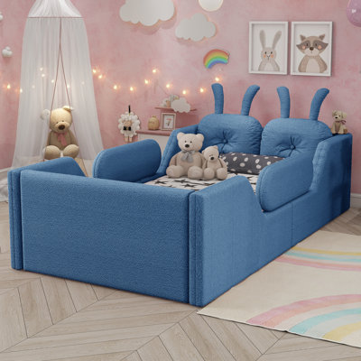 Twin Upholstered Platform Bed with Rabbit Cushion, Kids Floor Upholstered Bed, Removable Safety Side Rails for Toddler Sleeping