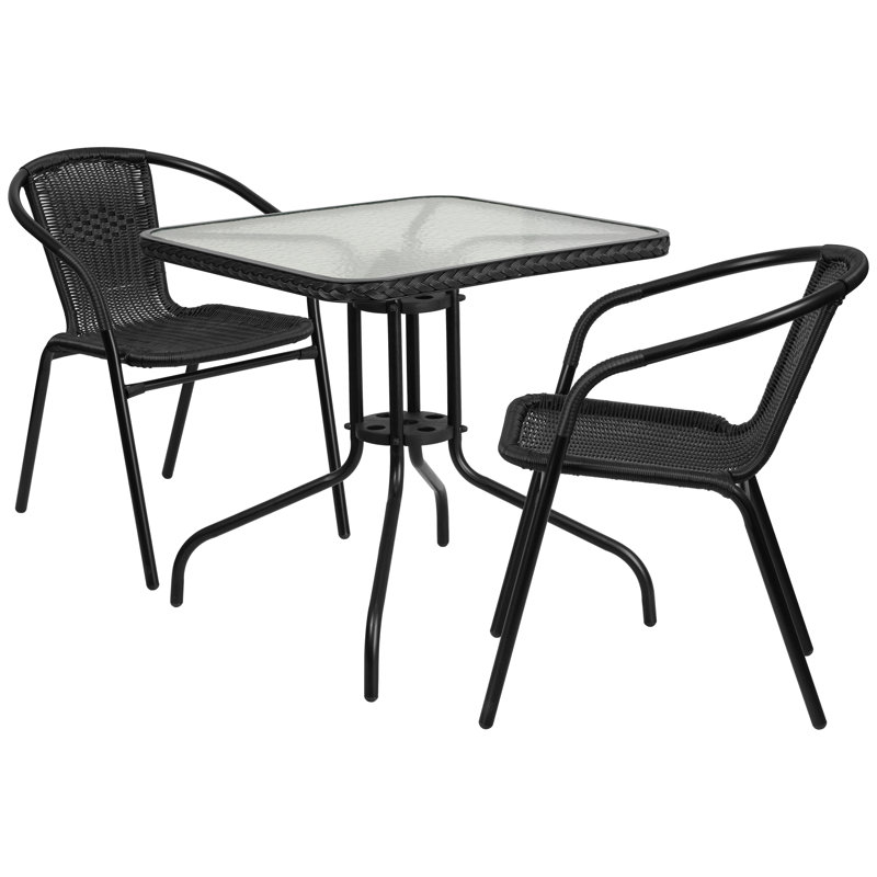 Amlie 28'' Square Glass Metal Table with Rattan Edging and 2 Rattan Stack Chairs, Black